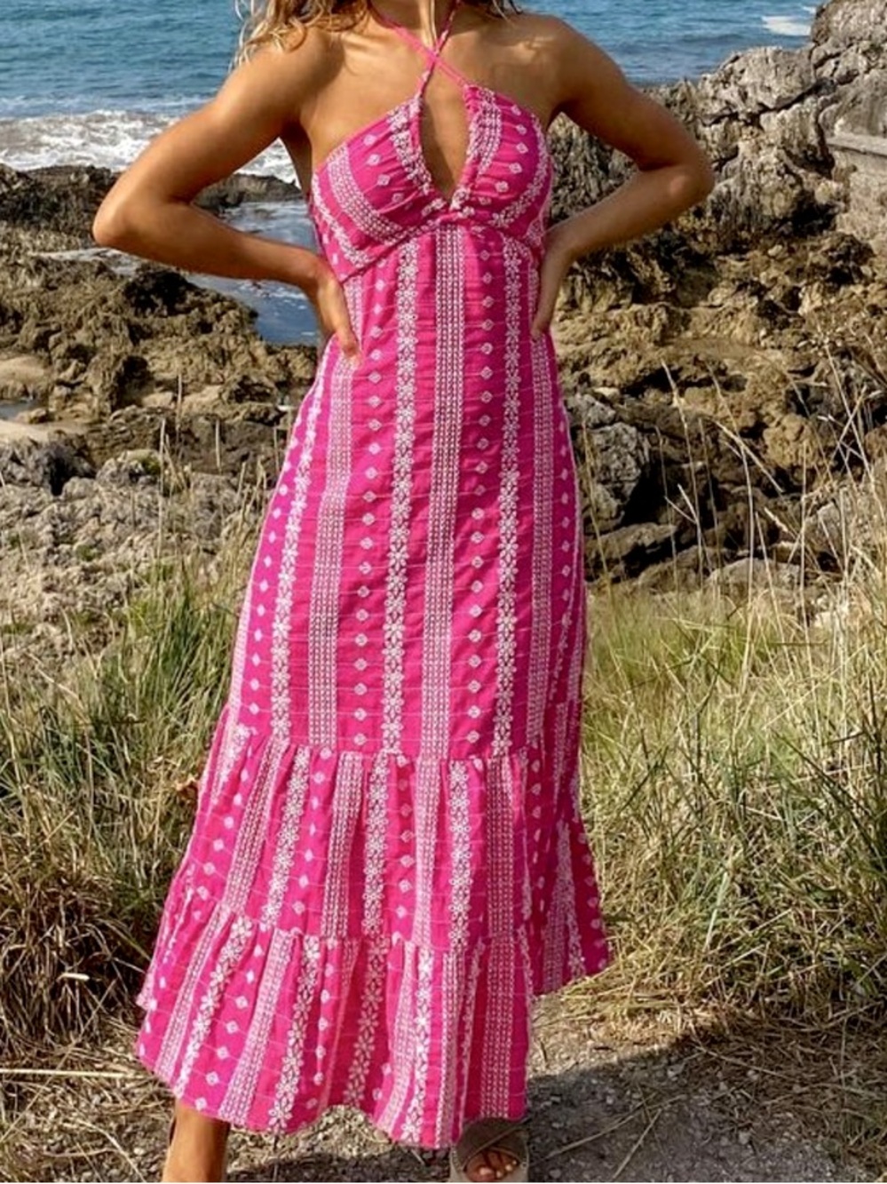 Zara embroidered halter midi dress